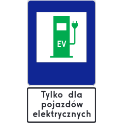 Znak D-23c z tabliczką do oznakowania miejsca do ładowania aut elektrycznych, rozmiar MINI